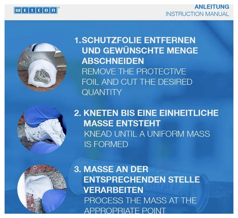 'Anleitung Instruction Manual': Three-step guide with images. Step 1: Remove foil and cut. Step 2: Knead until uniform. Step 3: Process at correct spot.
