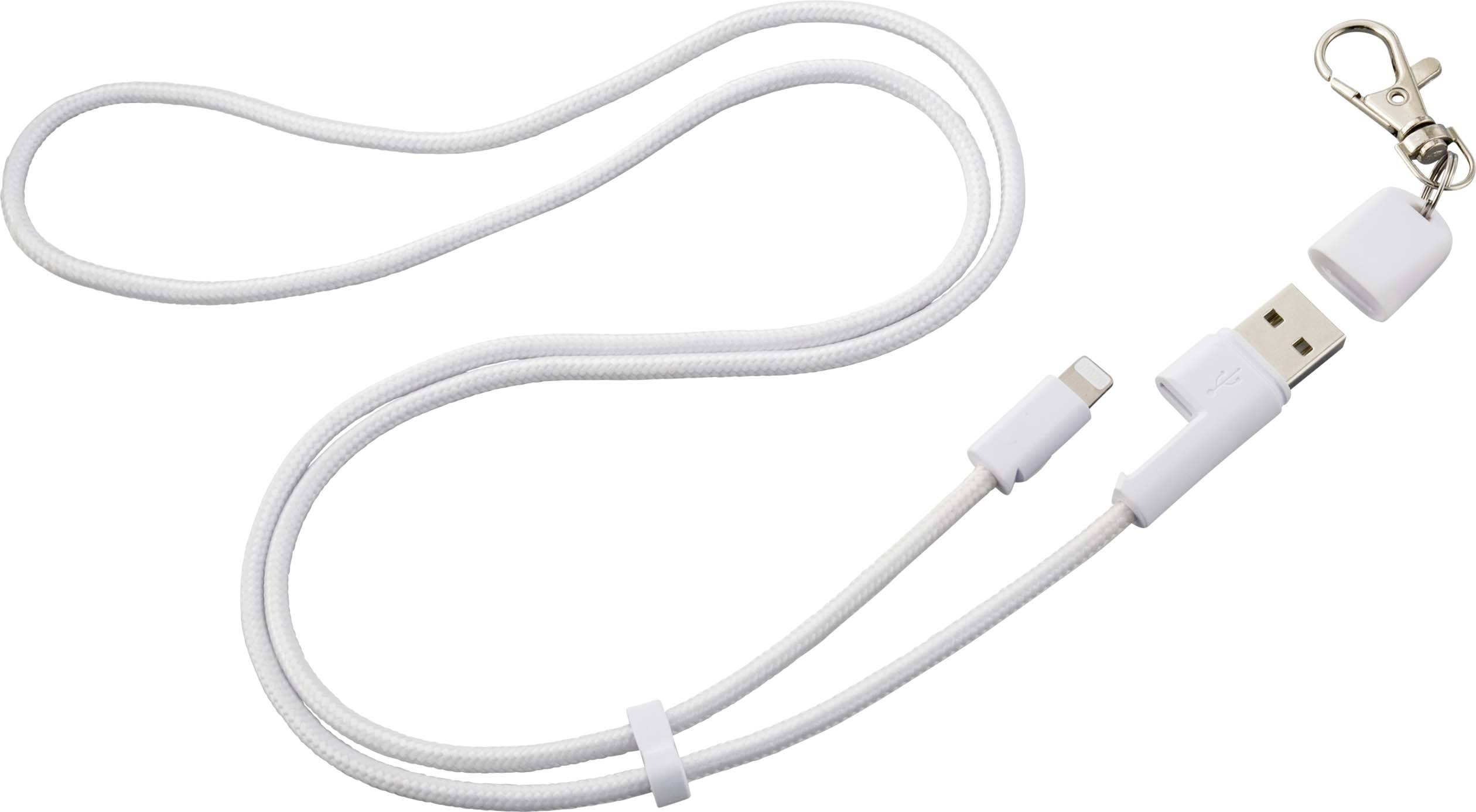 A white, braided cable with USB and Lightning connectors ends in a carabiner hook, designed to connect or secure devices.