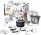 Kitchen mixer with accessories including bowls, whisk and blender. Packaging displays brand name and example uses.