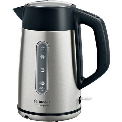 A silver kettle with a black handle and lid. On the side is a water level indicator ranging from 0.3 to 1.7 litres.