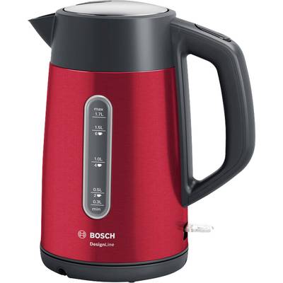 A red electric kettle by Bosch with water level indicator, 1.7 litre capacity and black handle.