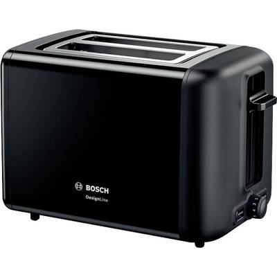 Black Bosch toaster from the DesignLine range, with a side-mounted dial control and two slots for toast slices.
