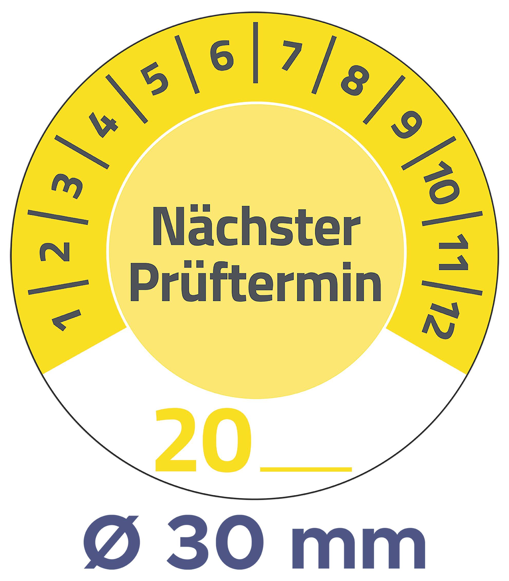 Round inspection label sticker symbol with text 'Next inspection date', month numbers 1–12 around the edge, below that '20__' and 'Ø 30 mm' as size specification.