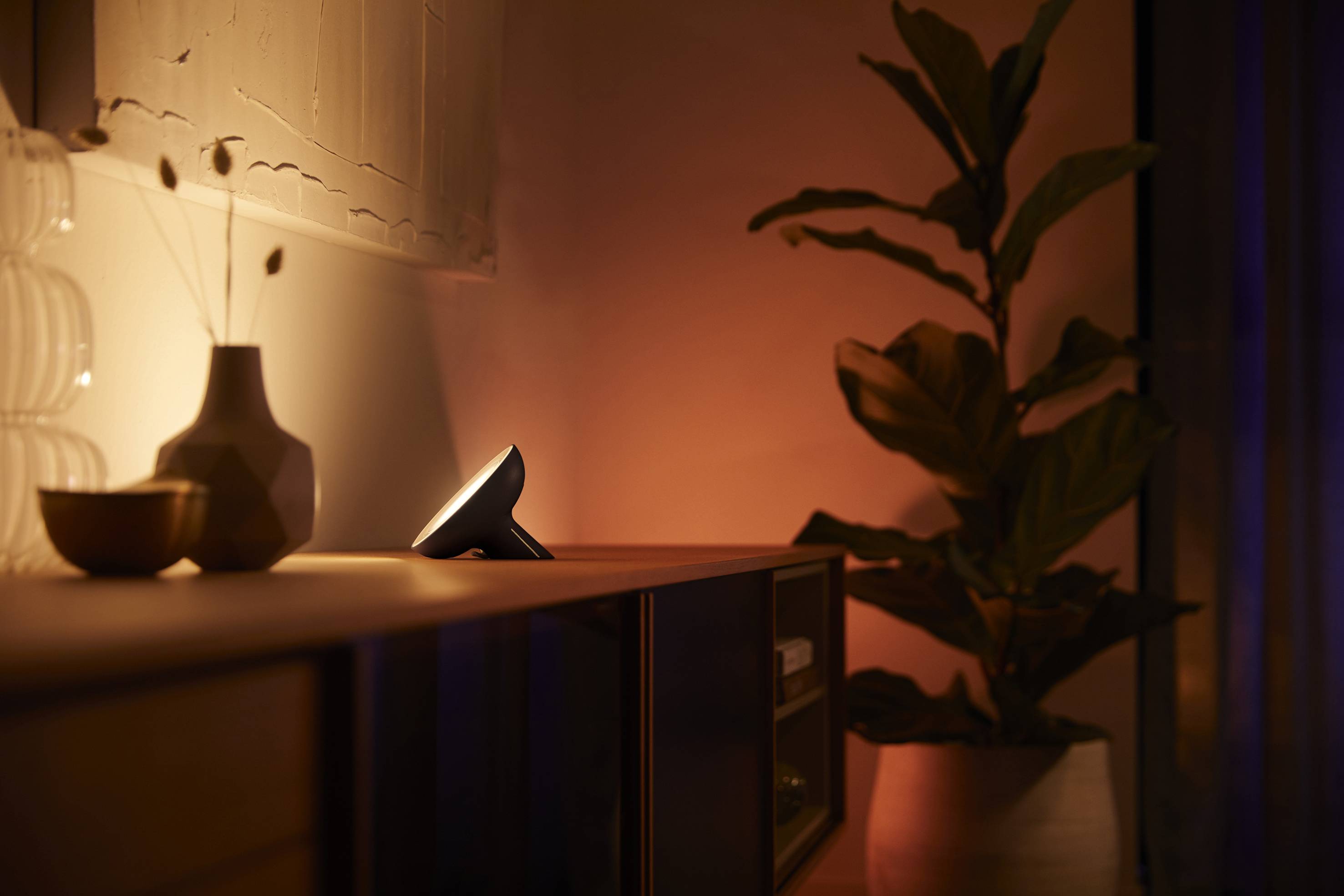 An angled upward-facing mood light on a shelf in a softly illuminated room with a plant in the background.