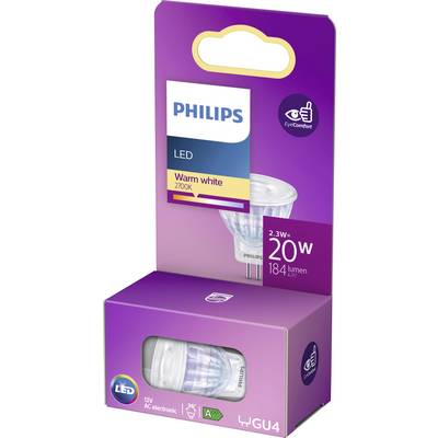 Philips LED lamp, GU4 base, warm white light (2700K), 20 watts, 184 lumens, energy-saving (A+), packaged in purple.