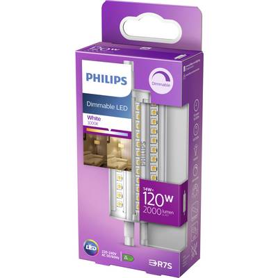 Philips dimmable LED lamp, warm white 3000K, 14W, 120W equivalent, 2000 lumens. Packaging shows application in living areas.