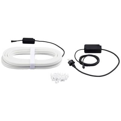 White LED light strip with power socket, black adapter, and clips on white background, suitable for interior lighting.