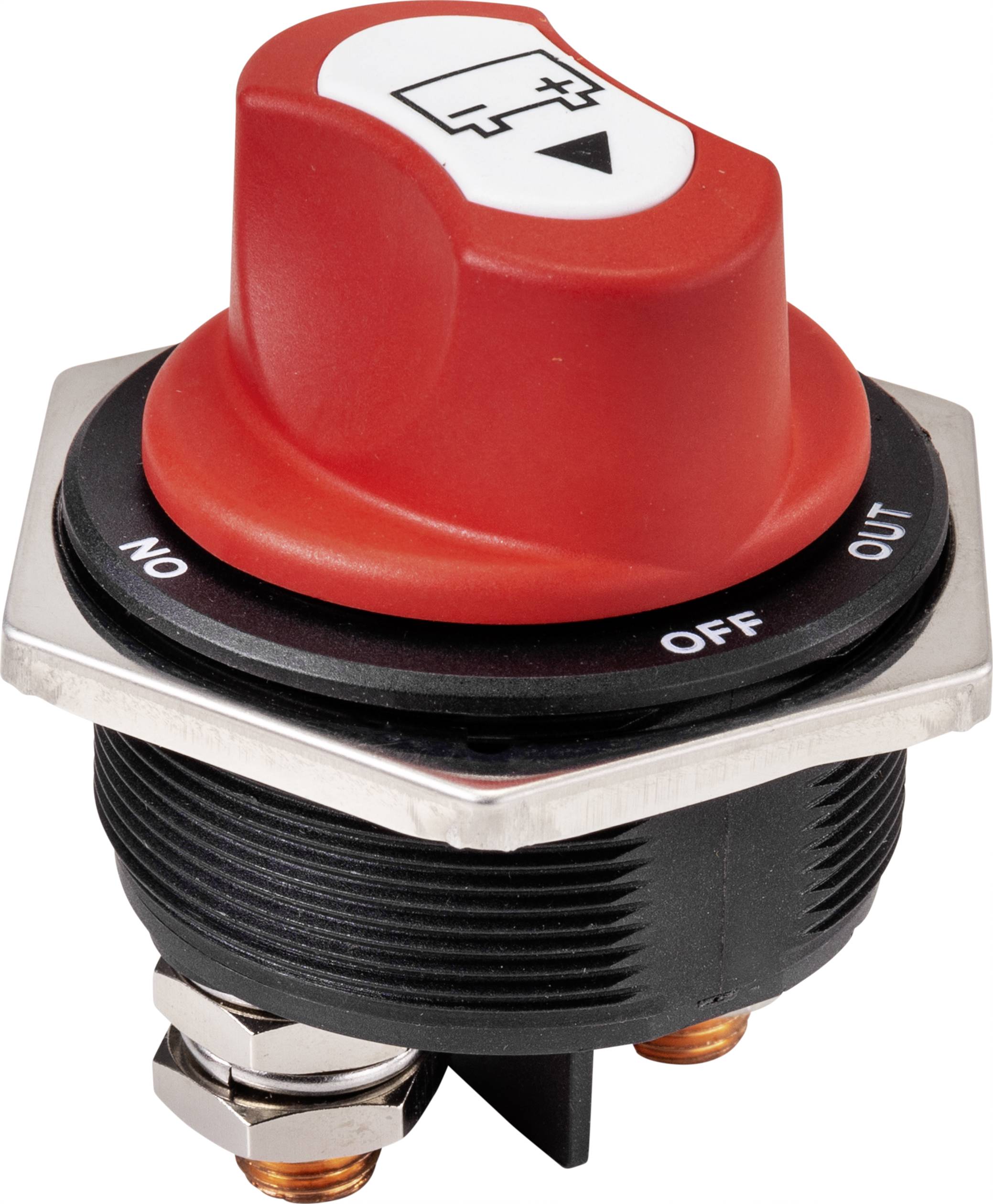 Red emergency stop switch with labels 'NO', 'OFF', 'OUT'. Critical for safety cut-offs in electrical circuits.