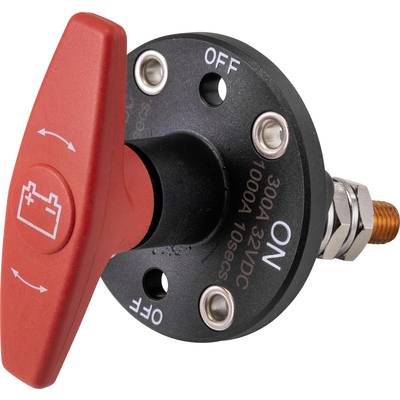 'Red battery switch with two positions: ON and OFF. On/Off switch features a battery symbol and labelling for 300A 12VDC.'
