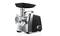 Electric meat grinder with silver and black casing. Suitable for mincing and grinding meat in the kitchen.
