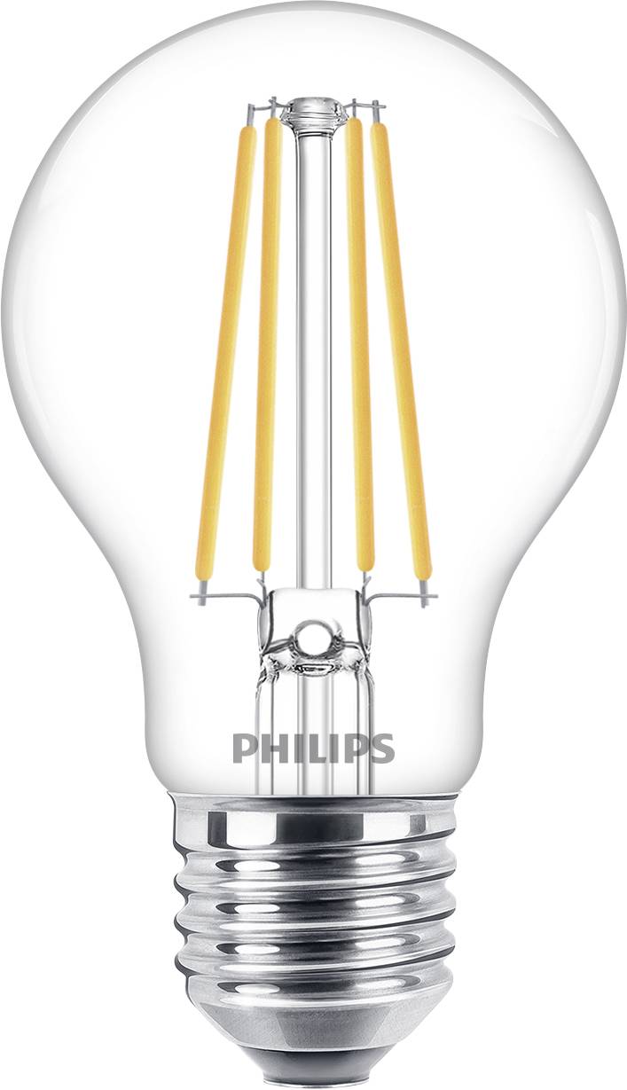 LED light bulb with visible filaments, typical A60 design, Philips brand. Energy-efficient lighting solution.