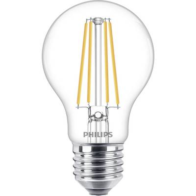 LED light bulb with visible filaments, typical A60 design, Philips brand. Energy-efficient lighting solution.