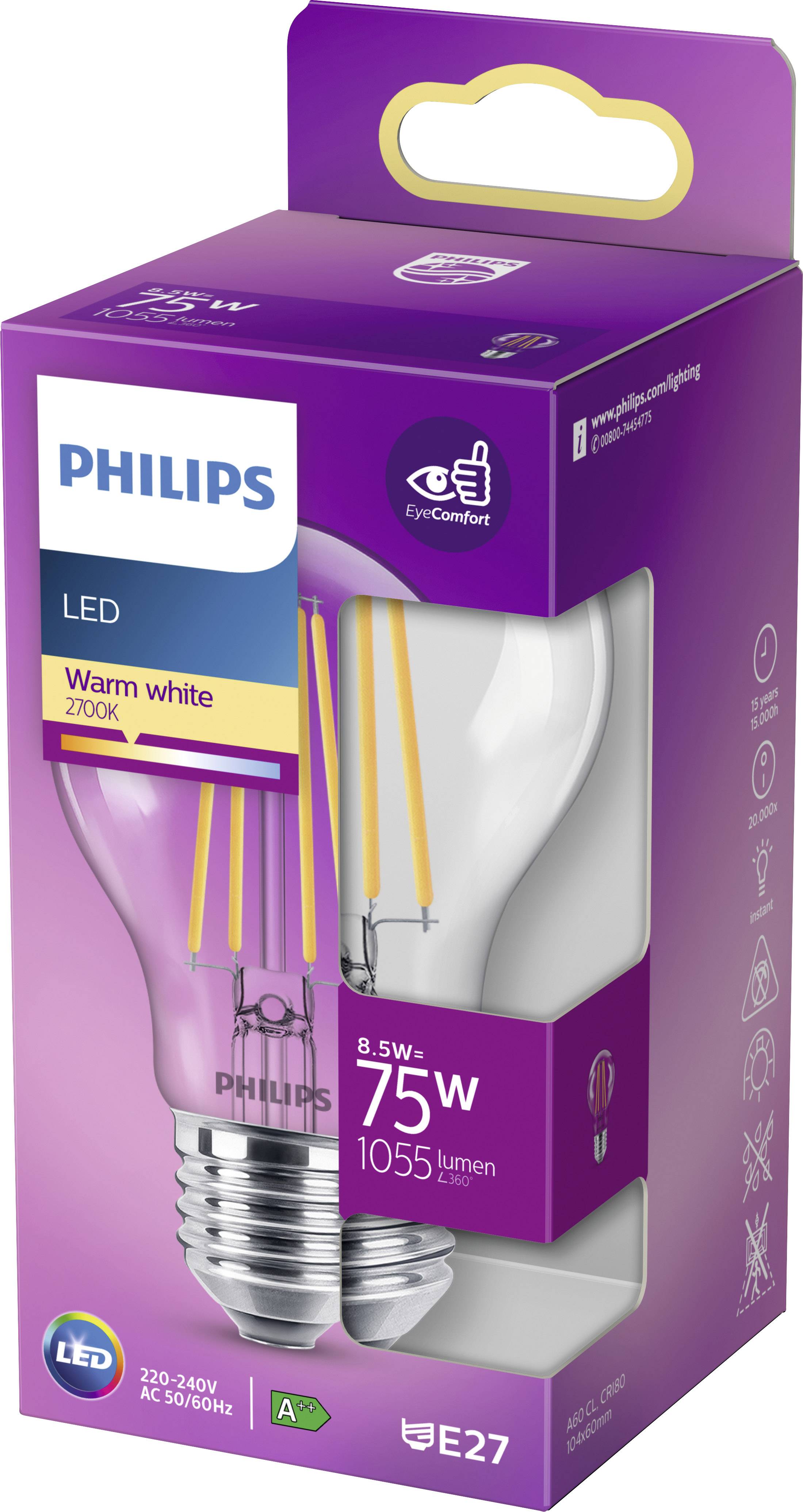 A Philips LED light bulb packaging, 8.5W, equivalent to 75W, warm white 2700K, with 1055 lumens and E27 base.