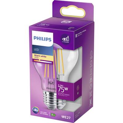 A Philips LED light bulb packaging, 8.5W, equivalent to 75W, warm white 2700K, with 1055 lumens and E27 base.