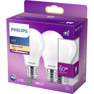 Two LED light bulbs in a purple packaging. On the packaging it says 'Philips', 'Warm white', '60W', '806 lumens', 'E27'.