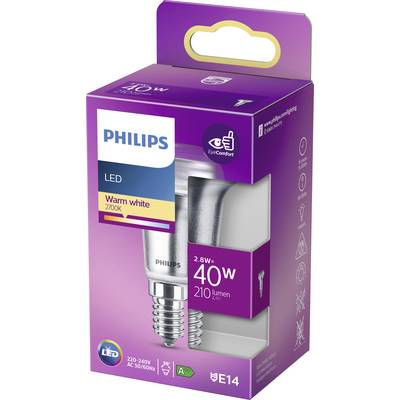 Philips LED Bulb, warm white 2700K, 40W equivalent, 210 lumens, 2.8W consumption, E14 screw cap, energy-efficient, eye-friendly.