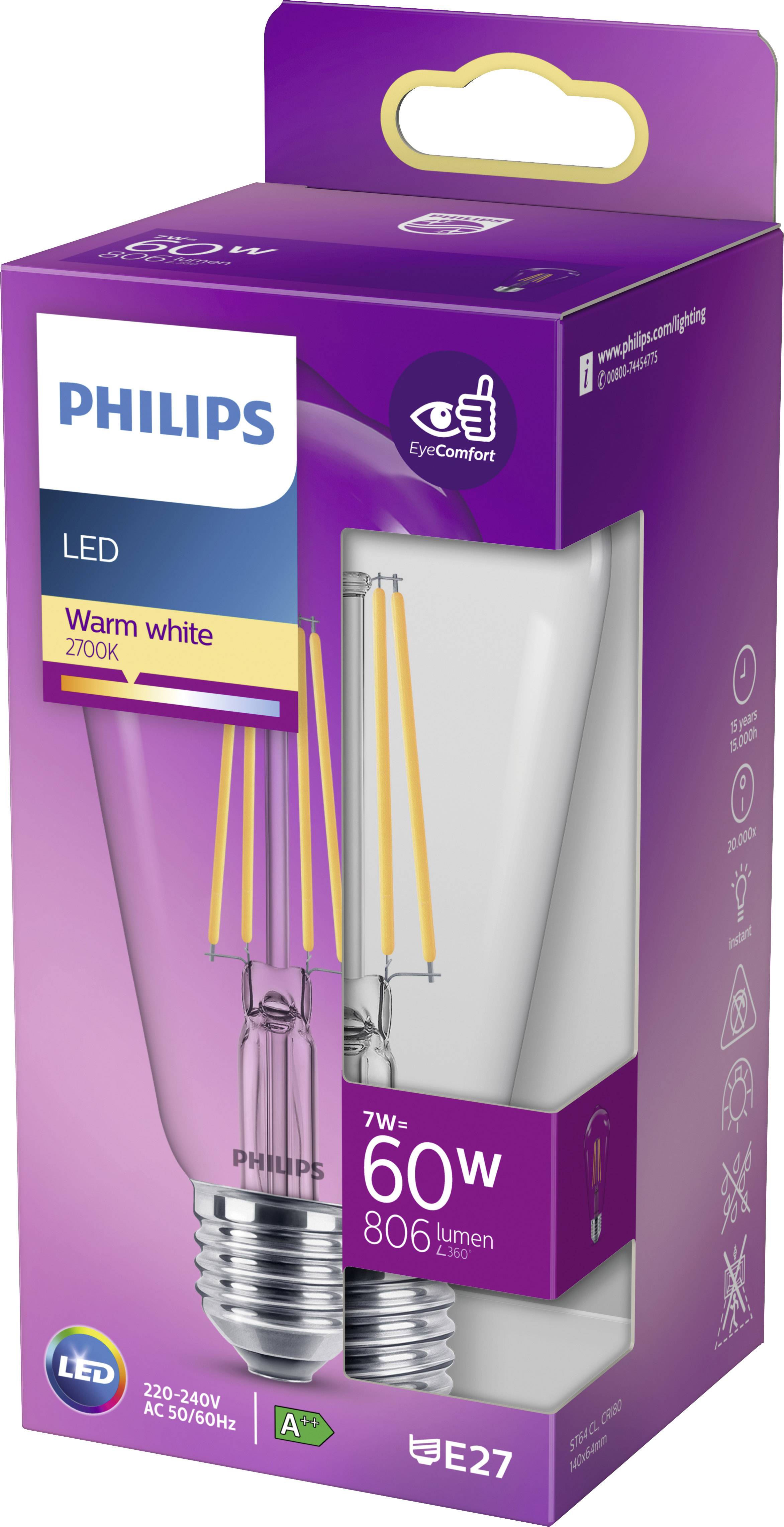 Two Philips LED light bulbs in warm white, 7W, 60W equivalent, 806 lumens. Packaging shows energy efficiency class A and E27 base.