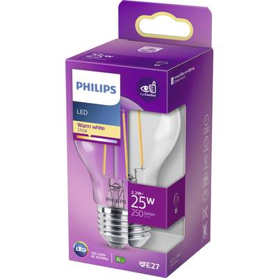 This picture shows packaging for a Philips LED light bulb with 25W, warm white light at 2700K and 250 lumens, E27 base.