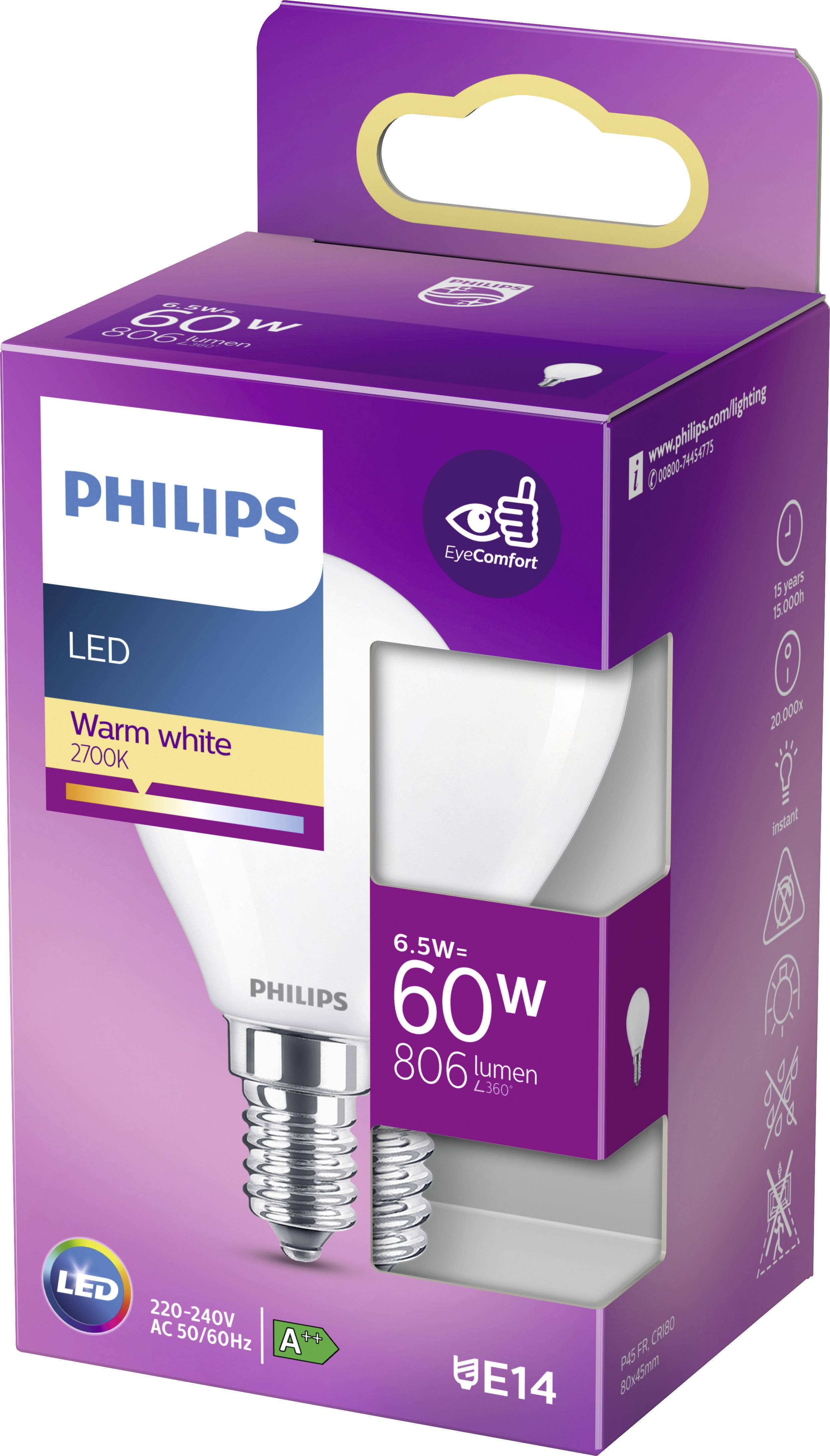 LED Light Bulb Packaging with Brand Name and Specifications: warm white, 6.5 W, 60 W equivalent, 806 lumens, E14 screw cap.