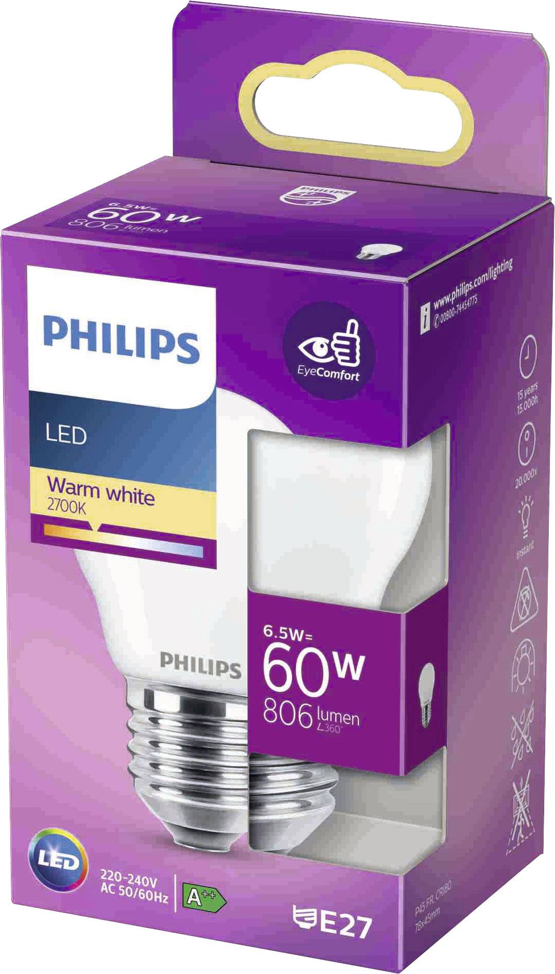 Packaging of a Philips LED light bulb, 6.5W, 806 Lumens, E27 screw cap, warm white light 2700K, energy-saving, EyeComfort.