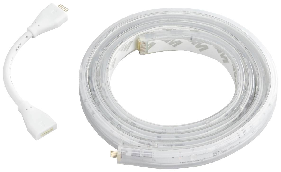 A rolled-up LED strip light with a separate short white connecting cable on the left.