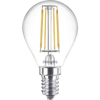A LED filament light bulb on a white background, marked with 'PHILIPS', shows the classic bulb style with modern LEDs.