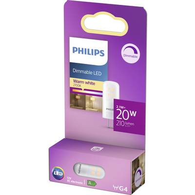 'Philips dimmable LED lamp, warm white 2700K, 2.1 W equivalent to 20 W, 210 lumens, G4 base. Energy class A.' Packaging in purple.