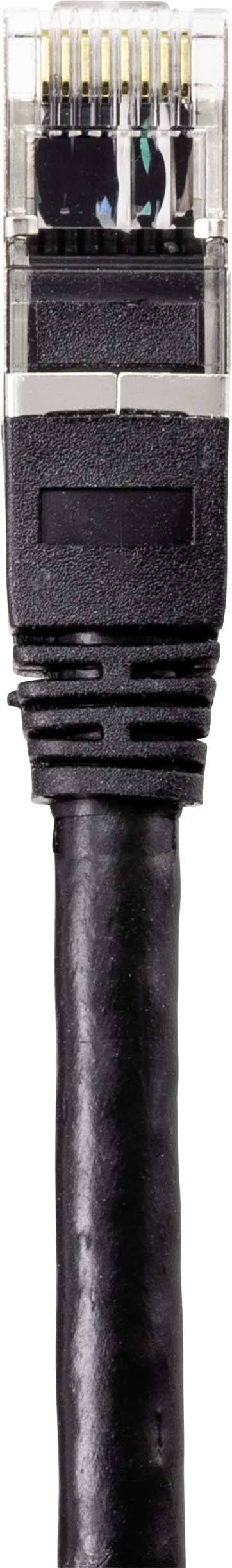 A black Ethernet cable with a transparent plug showing six golden contact pins.