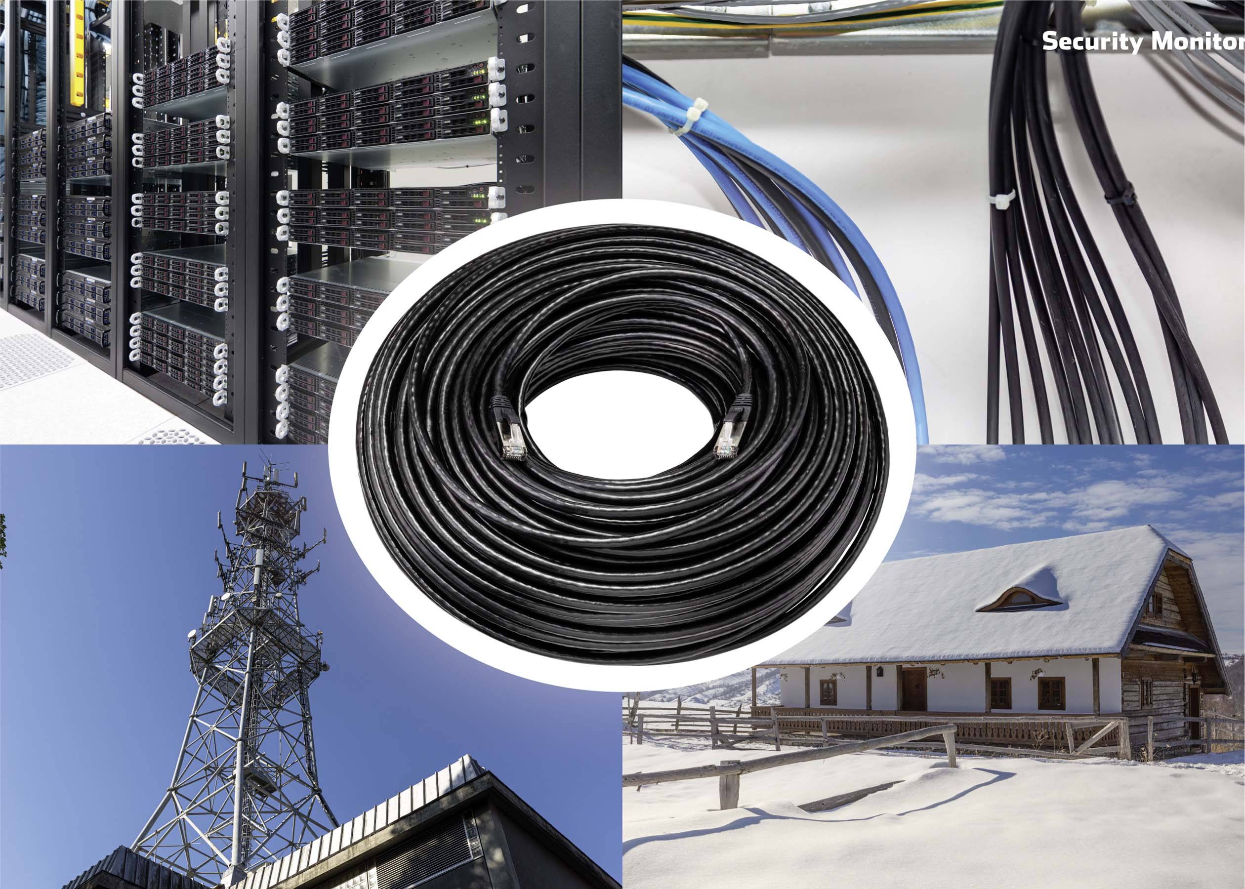A collage depicts a cable, a server room, a transmission tower, and a snow-covered house. Theme: Communication and Connectivity.
