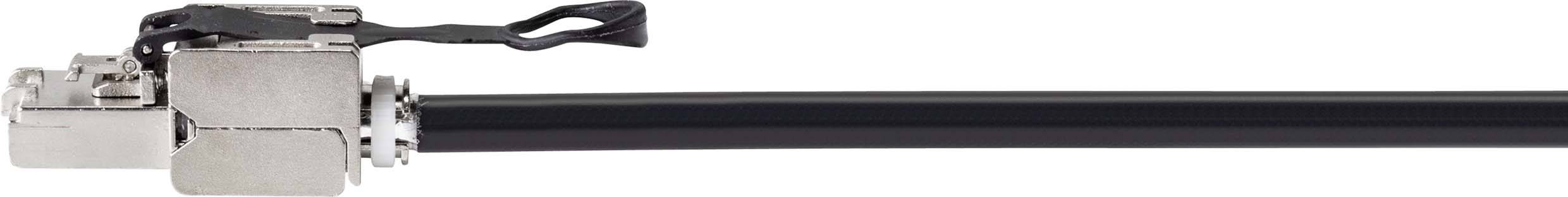 A black cable plug with a metal housing and push-button fastening, used for network applications.