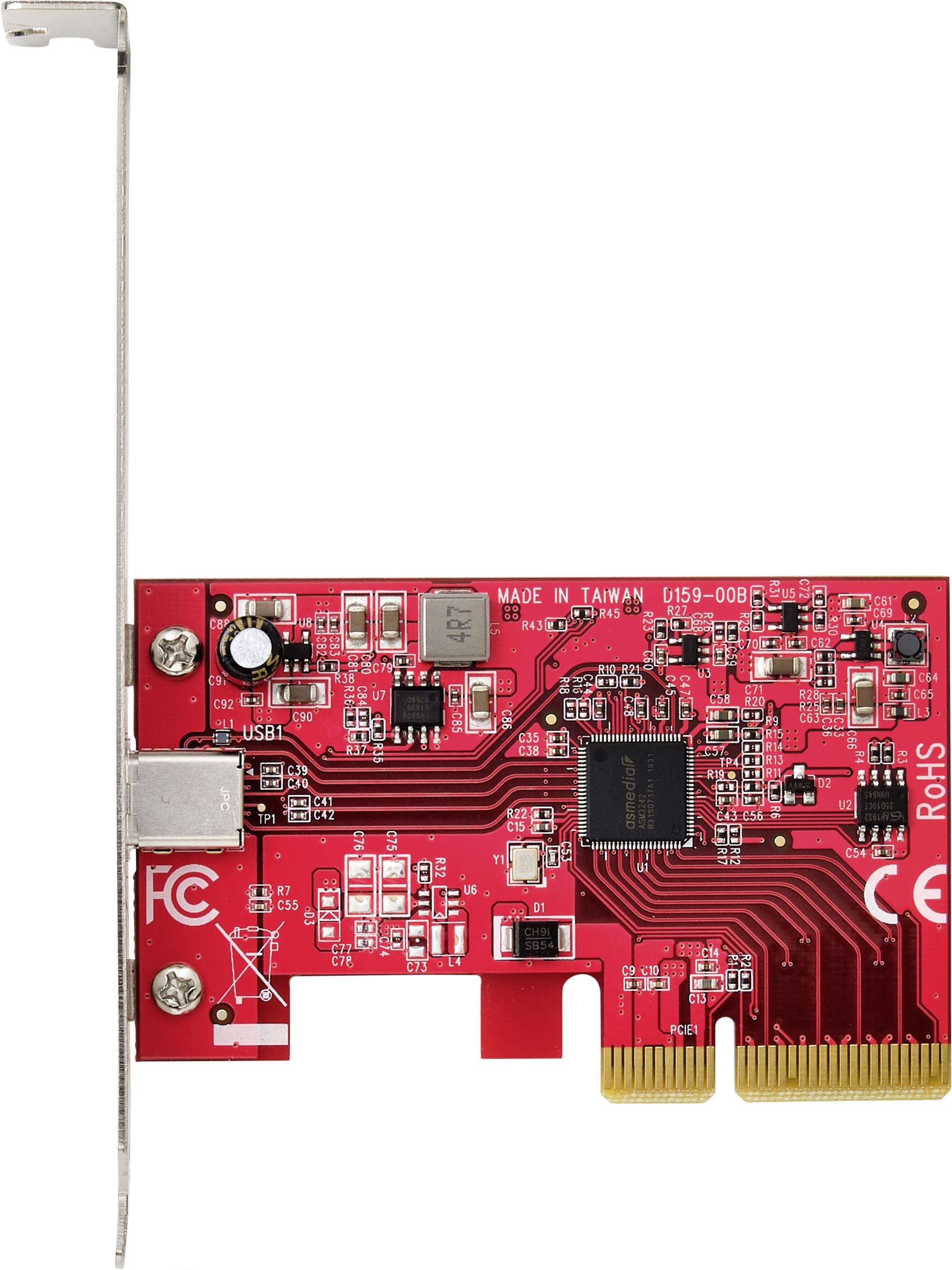 A red network card with electronic components and ports, suitable for integration into computer cases.