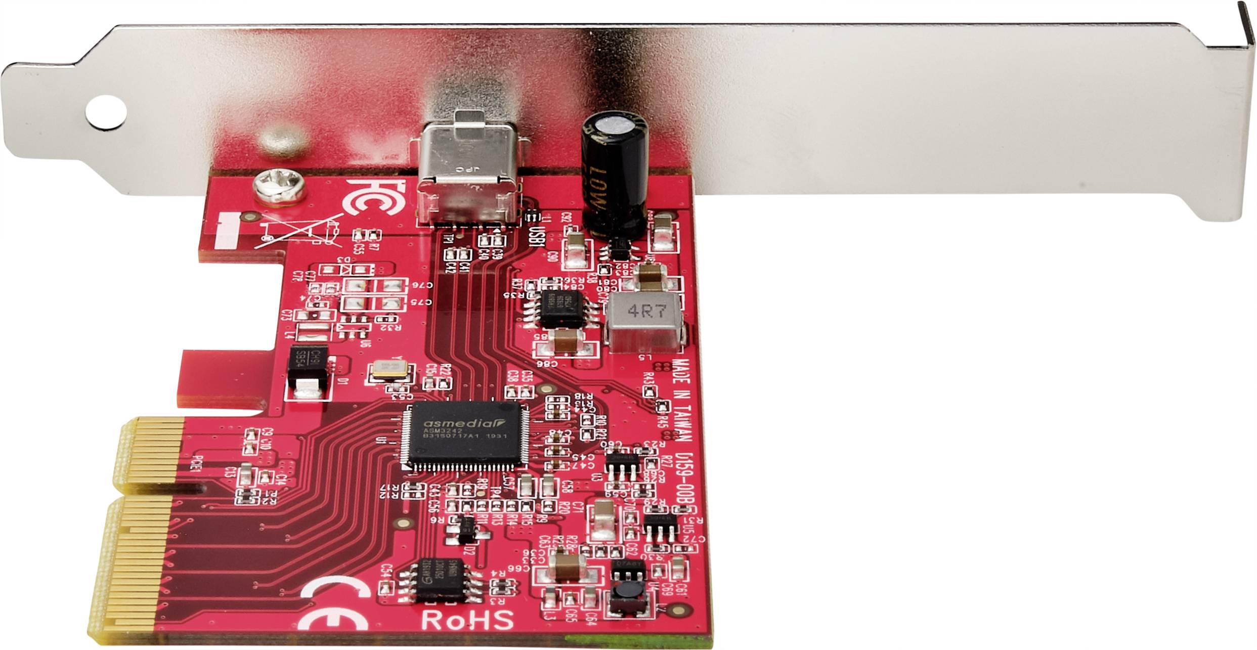 Red PCI-Express card with electronic components and connection on a metal bracket.