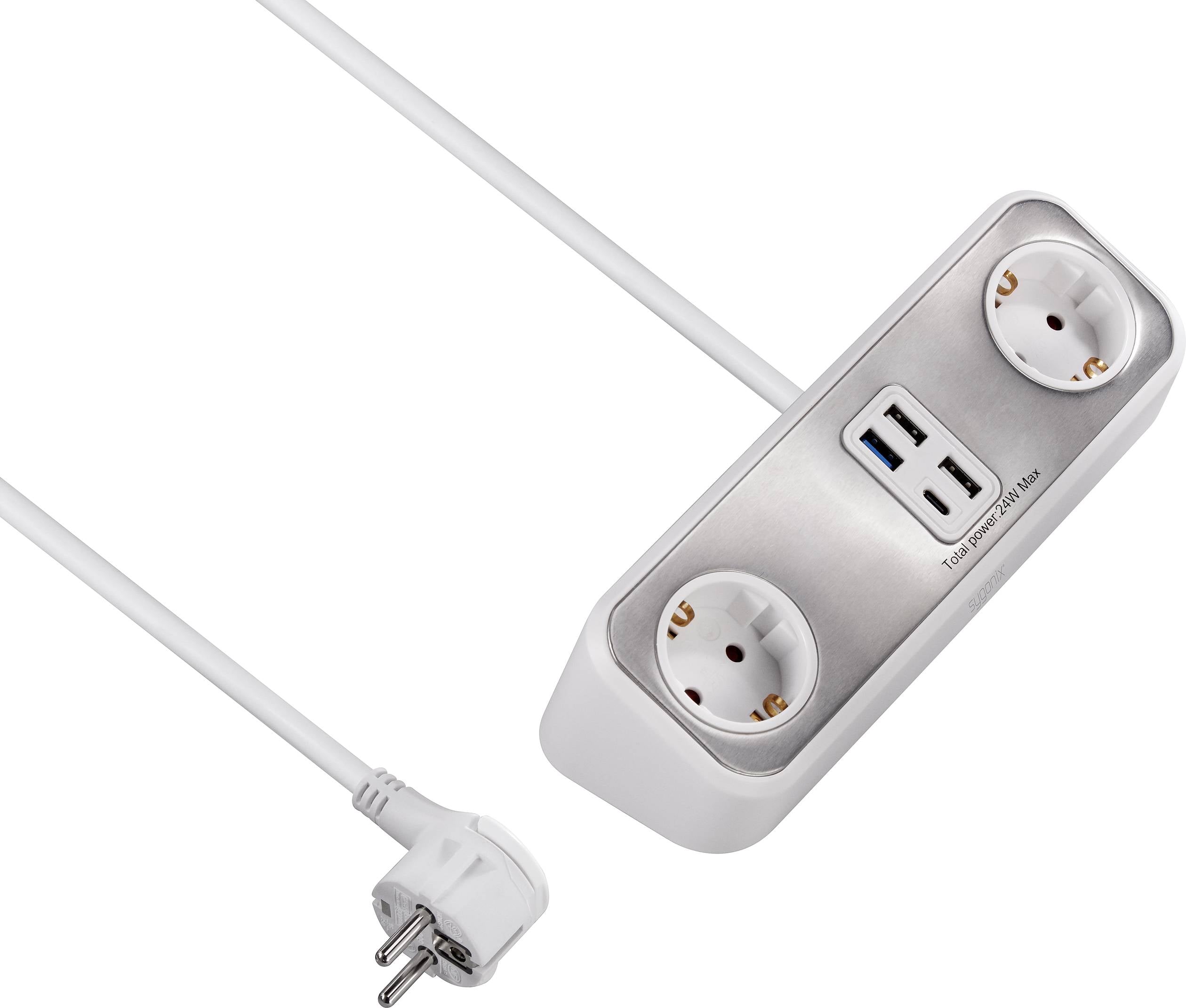 A multi-socket adaptor with two plug sockets and two USB ports. Suitable for simultaneously powering multiple devices.