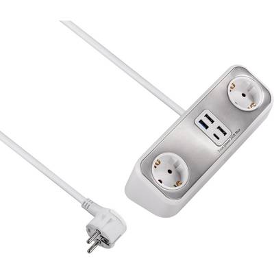 A multi-socket adaptor with two plug sockets and two USB ports. Suitable for simultaneously powering multiple devices.