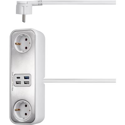 'Triple socket with two USB ports, white and silver, with right-angled plug. Cable runs parallel to the power strip.'