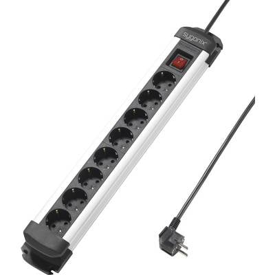 Eight-way multi-socket extension with an on/off switch, connected power cable, suitable for multiple devices.