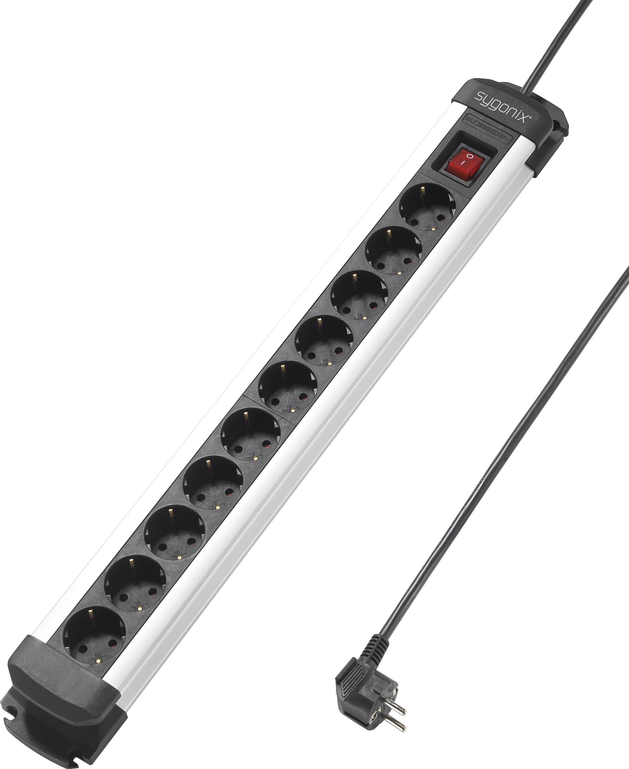 Ten-socket extension lead with an on/off switch, black cable, suitable for expanding electrical power supply.