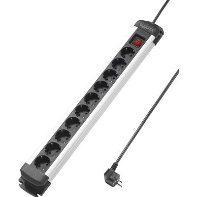 Ten-socket extension lead with an on/off switch, black cable, suitable for expanding electrical power supply.
