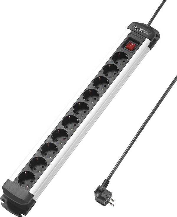 Sygonix SY-4538266 Power strip (+ switch) 10x Black, Silver PG connector 1 pc(s)