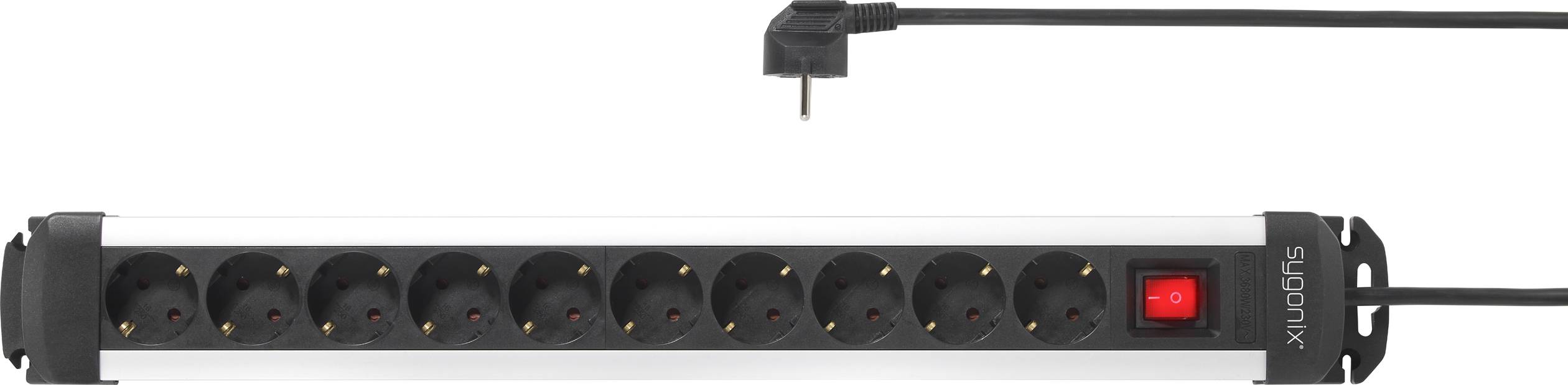 Black power strip with twelve socket outlets, a switch with a red indicator light and a connected plug.