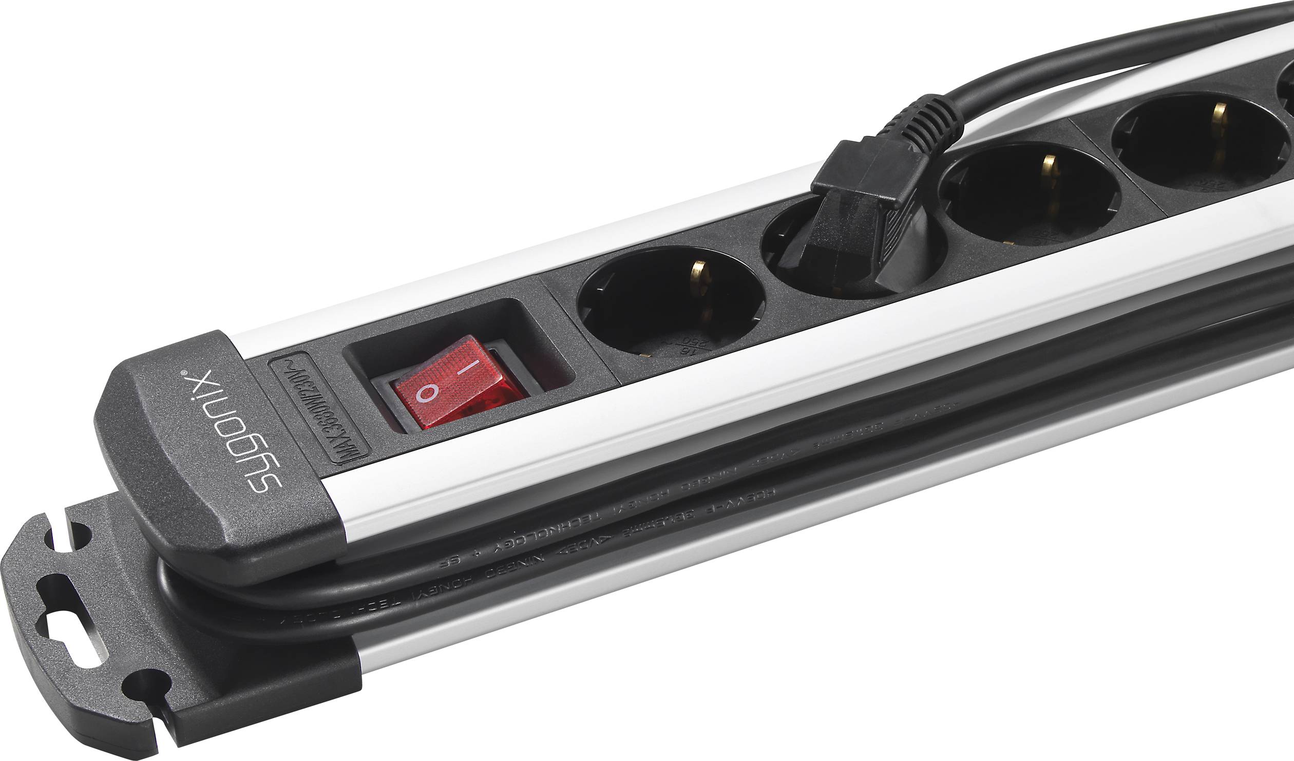 Five-way socket extension with red on/off switch and black power cable; suitable for indoor use.