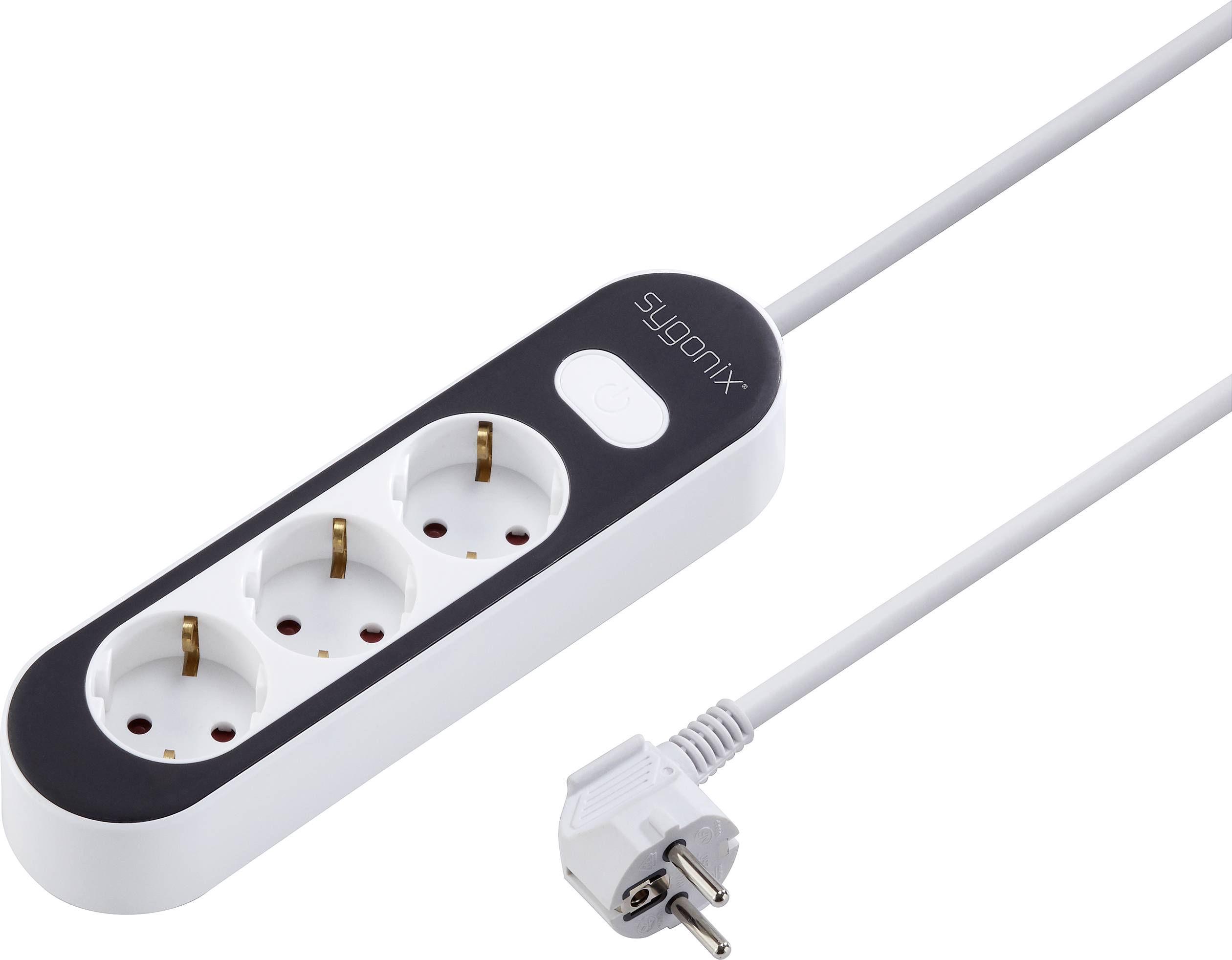 White multi-socket adapter with three plug sockets and an on/off switch, with the brand name 'sygonix' printed on the surface.