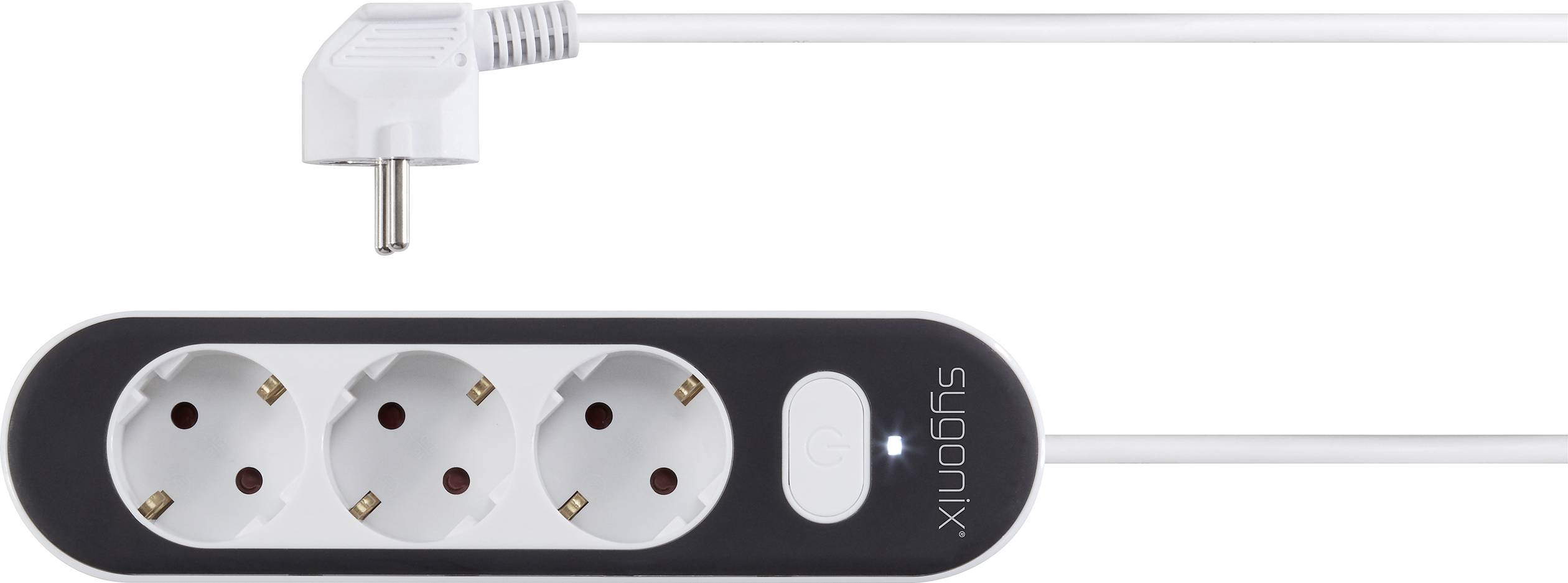 Black multi-socket extension with three plug sockets, connected by a white cable at the top left corner.