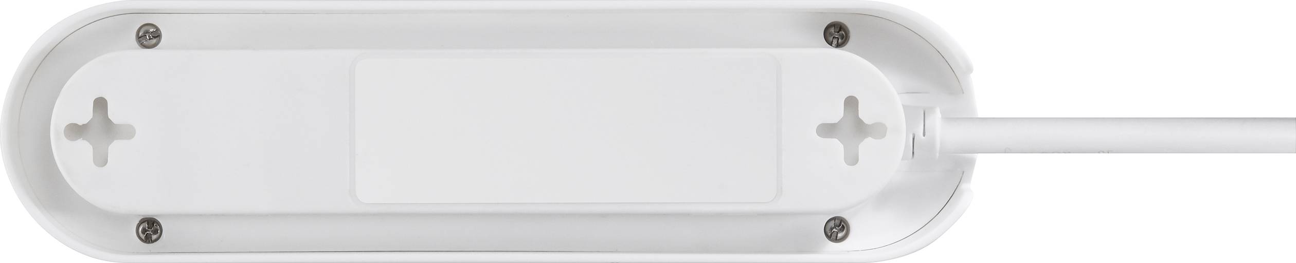 'White, elongated cover with cable on the right side, four visible screws and smooth surface, possibly an electrical device.'