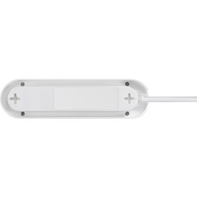 'White, elongated cover with cable on the right side, four visible screws and smooth surface, possibly an electrical device.'