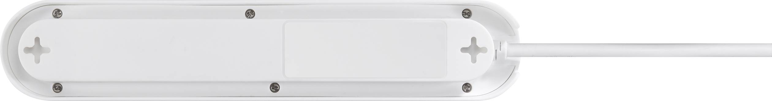 A white multi-socket adapter with six socket outlets and a cable. The plug is shown from a top-down view.