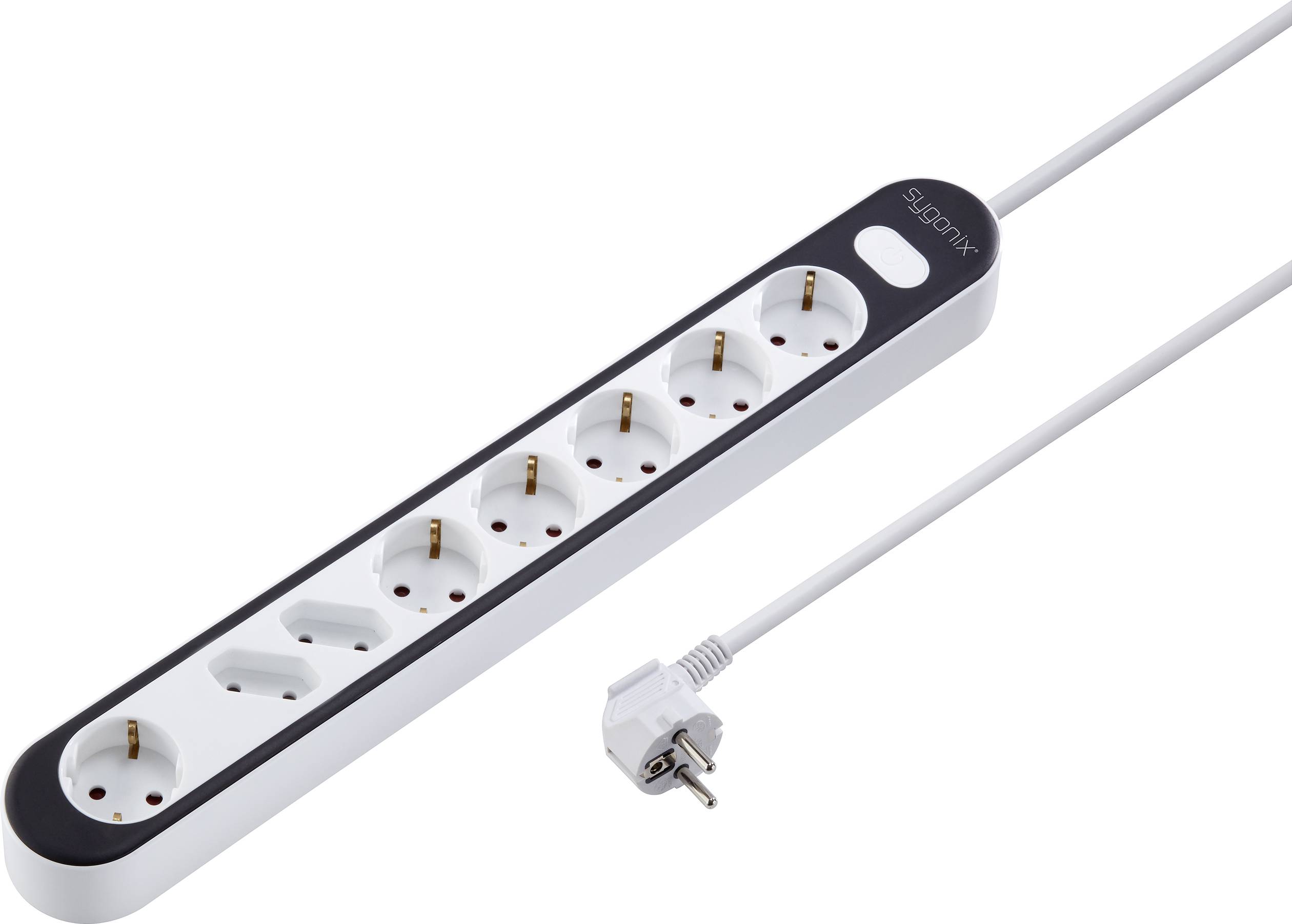 'Six-way power strip with a white cable and a black border. The sockets are suitable for Euro and Schuko plugs.'