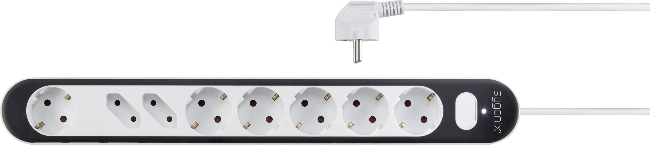 Multi-socket extension lead with 7 sockets and a switch, with a mains cable plugged in at the side, featuring an angled plug.
