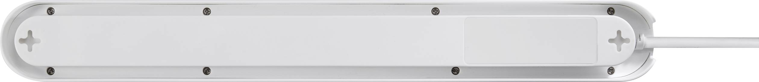 A white, flat cable trunking with rounded corners and screws for wall mounting. Ideal for cable management.