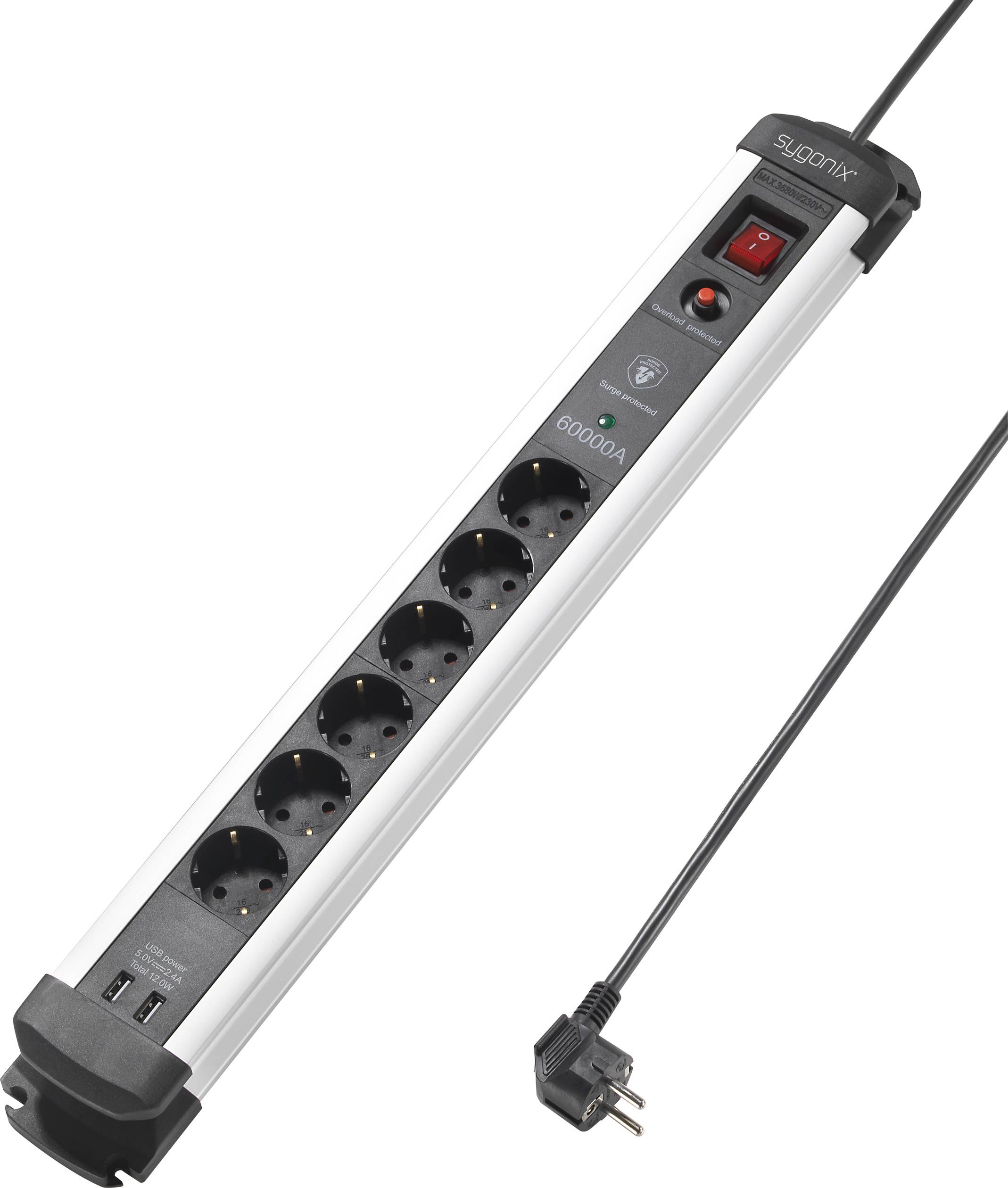 Sygonix SY-4538280 Surge protection power strip 6x Black, Silver PG connector 1 pc(s)